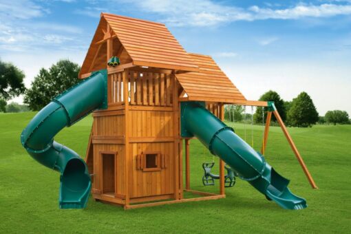 Sky with wood roofs, 5' tube slide and lower playhouse